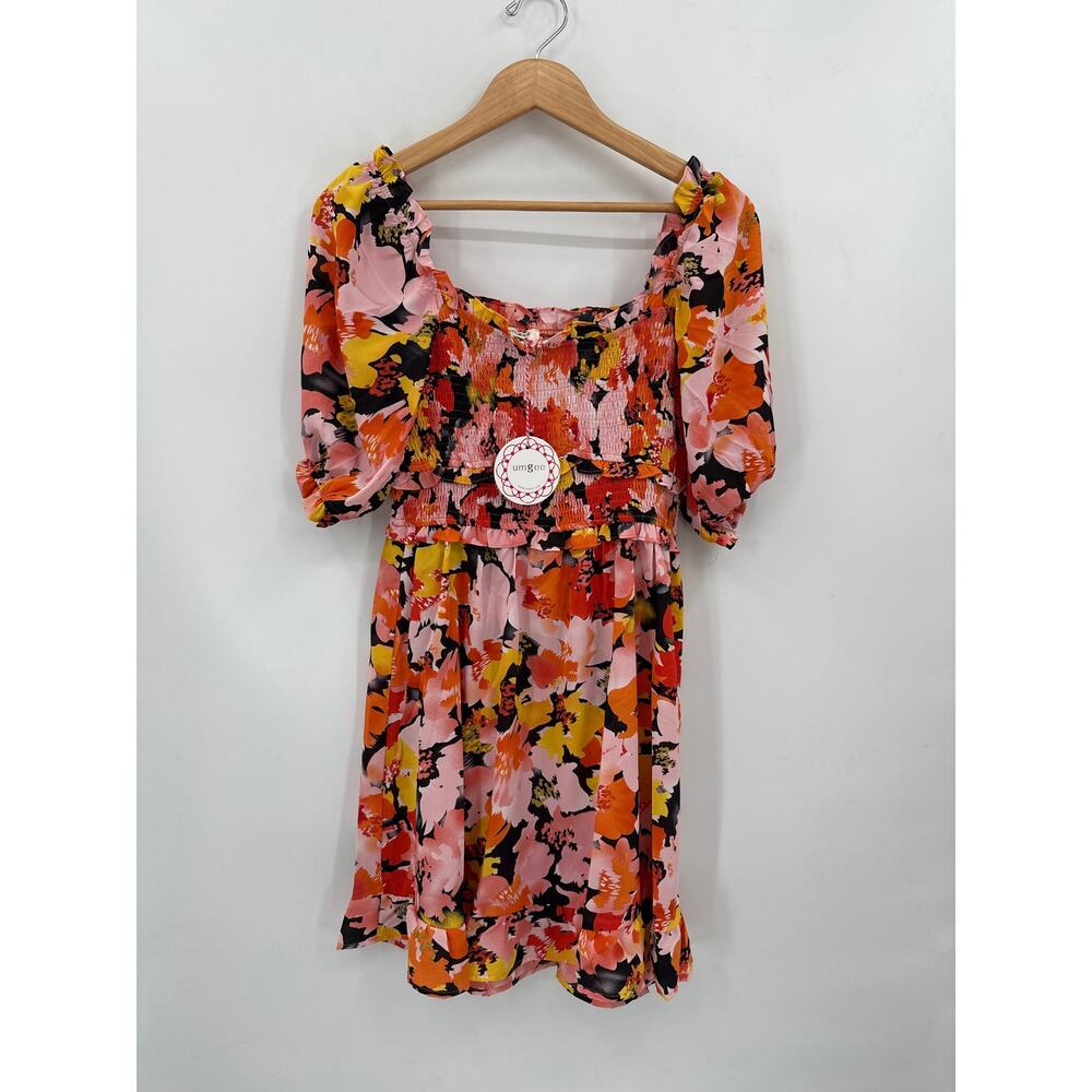 Umgee Orange Floral Seersucker bodice dress Size Medium NWT